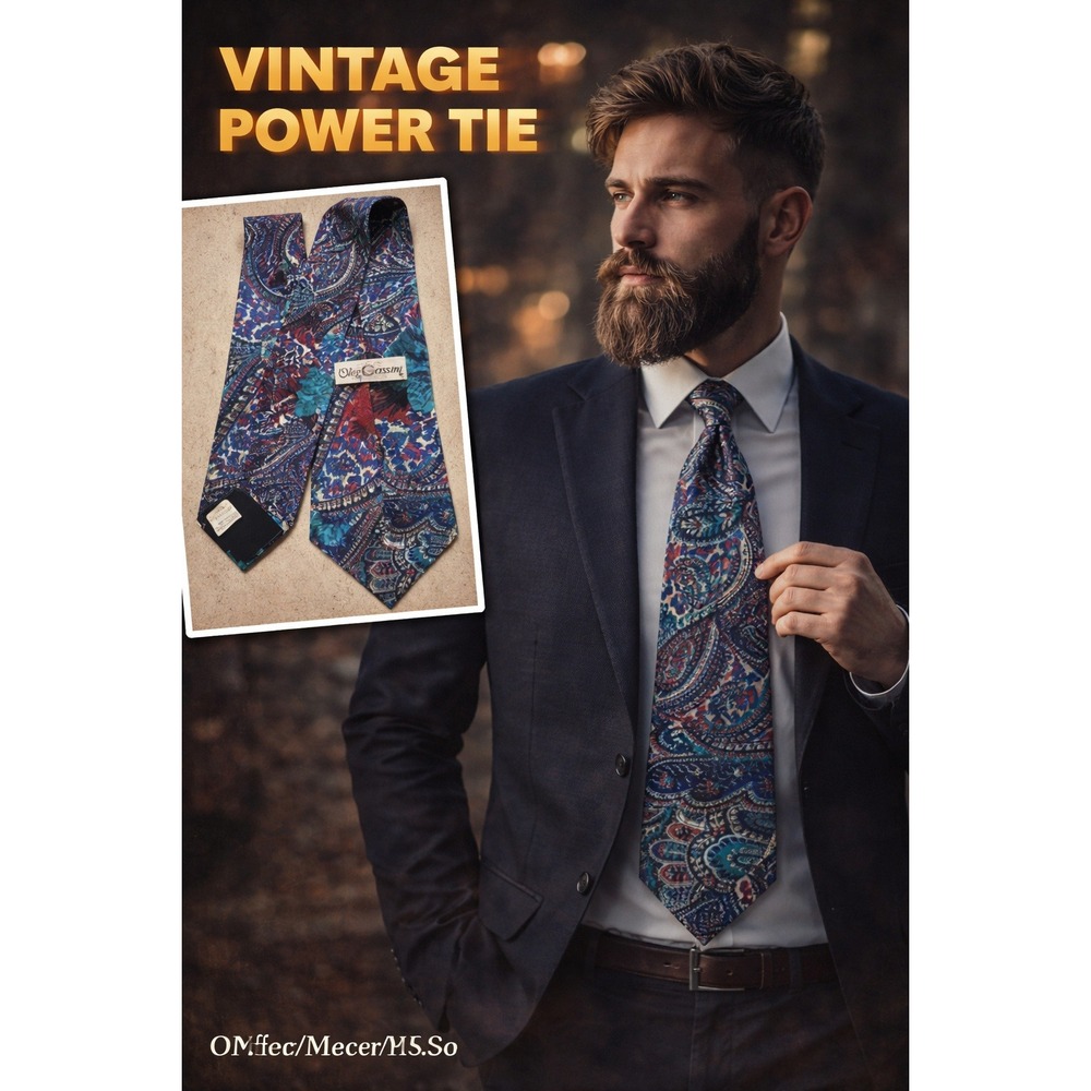 VINTAGE Oleg Cassini Paisley Tie Blue Floral Retro 90s Mens Neck Tie Made USA‎